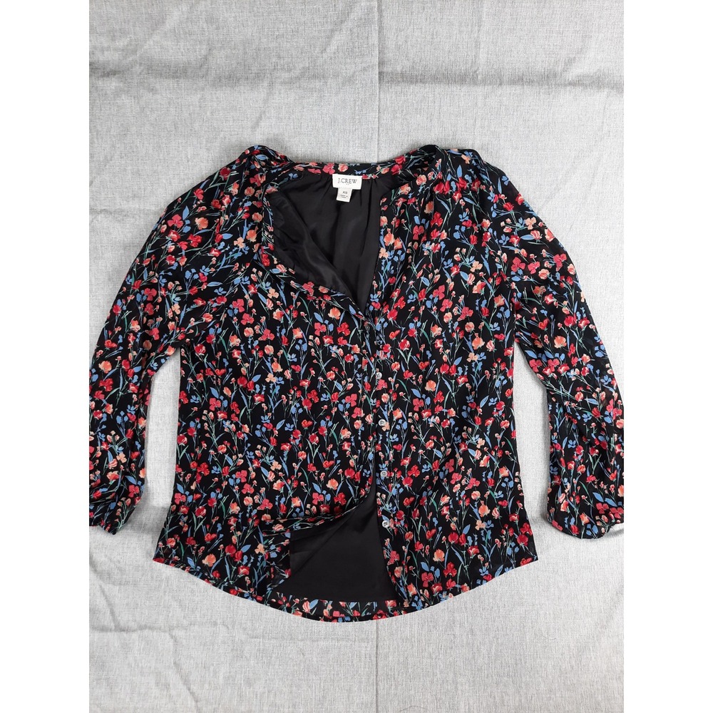 J. Crew Womens XS Floral Collarless Stretch Button Top Blouse L/S Pure Polyester